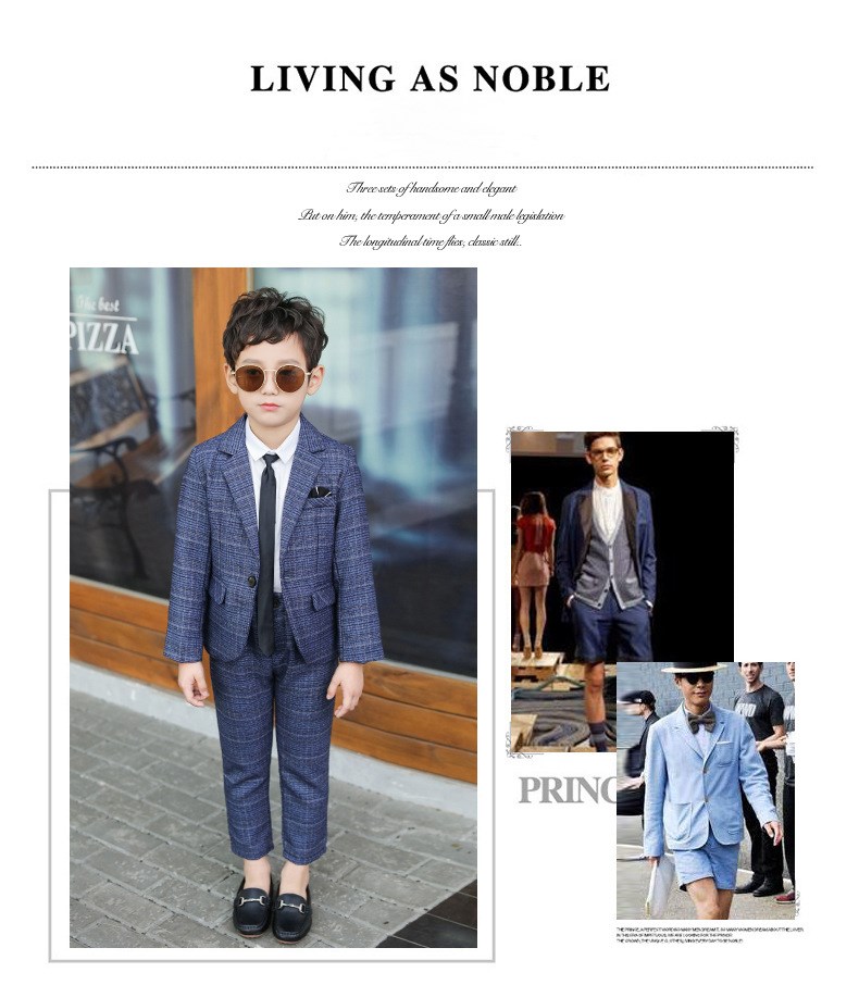 Tie+Blazer+Pants+Shirt Four-pcs Kids Child Boys Suits Formal Gentleman  Wedding Suit Children Party Korean Children's Suit Checkered Fashion Boy Small Suit New Flower Boy Dress