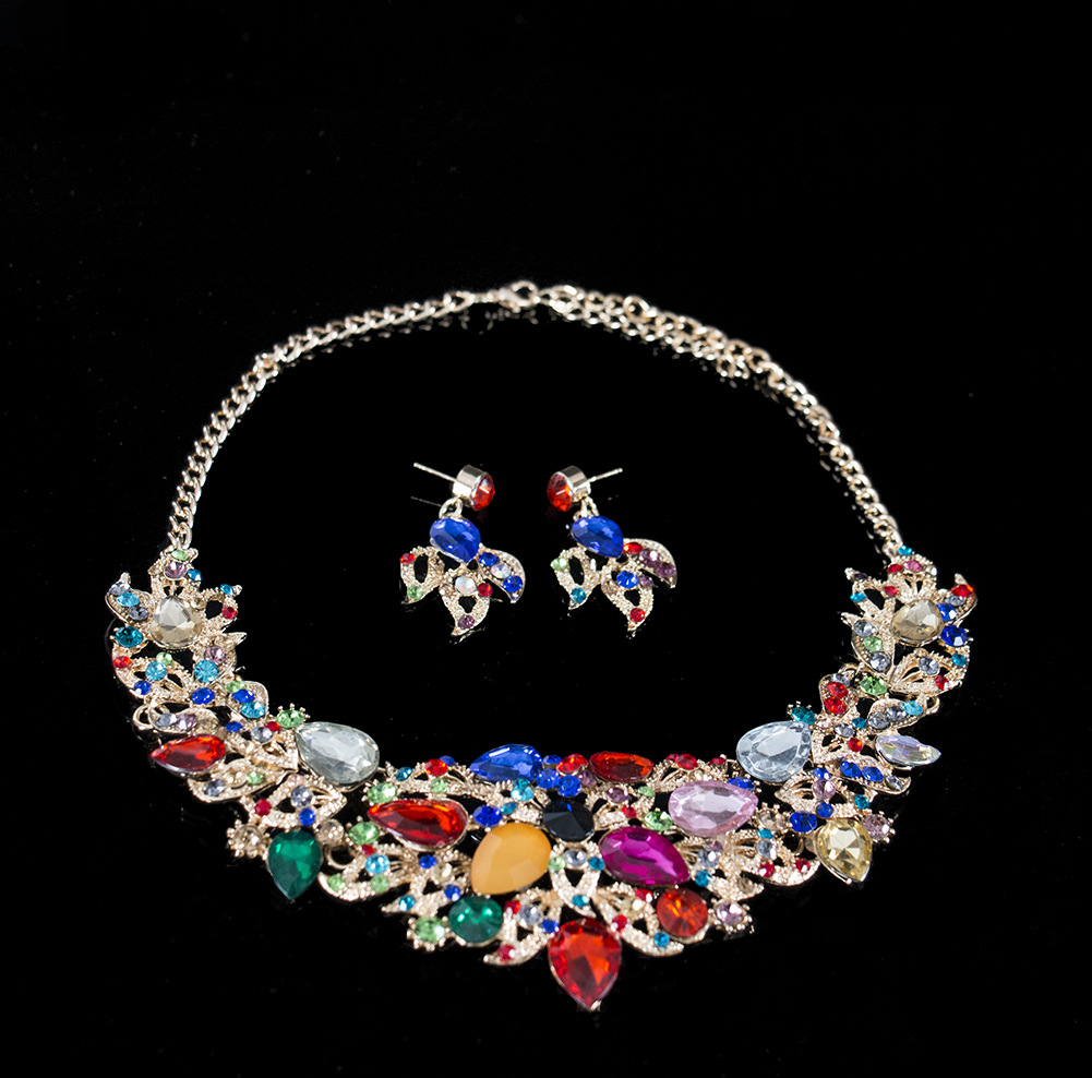 Luxury Elegant colour Crystal Bridal Necklace Earrings Jewelry Sets Fashion Jewelry Wedding Jewelry