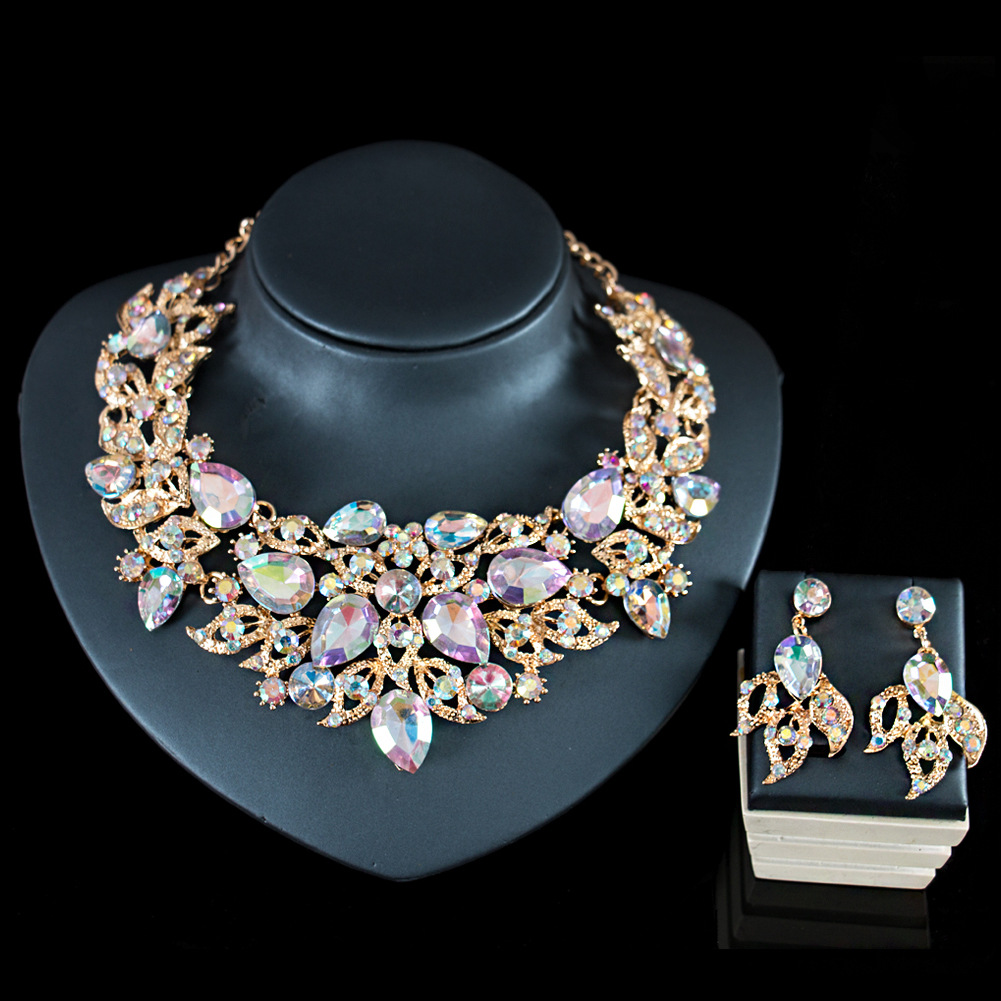 Luxury Elegant colour Crystal Bridal Necklace Earrings Jewelry Sets Fashion Jewelry Wedding Jewelry