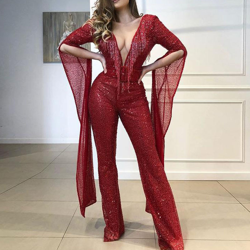 Sexy Evening Dress Deep V Neck Skirt Lady Party Backless Long sleeve slim fit Jumpsuit pants