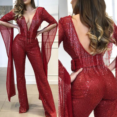Sexy Evening Dress Deep V Neck Skirt Lady Party Backless Long sleeve slim fit Jumpsuit pants