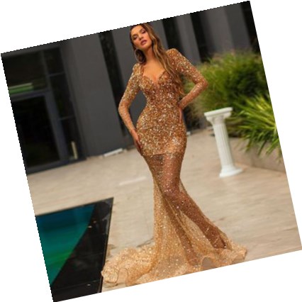Sexy Long Tail  Evening Dress High V Neck Squins See-through Skirt Lady Red Carpet Concert Dress