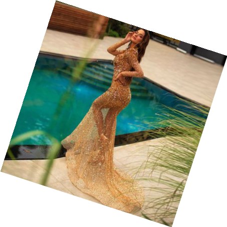 Sexy Long Tail  Evening Dress High V Neck Squins See-through Skirt Lady Red Carpet Concert Dress
