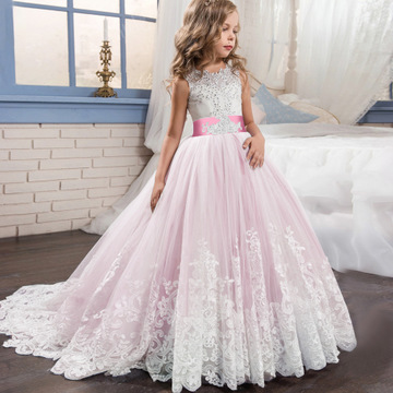 Kids Lace Wedding Dress For Girl Party meshGauze Dresses Sling  bow Flower Princess Children Dress