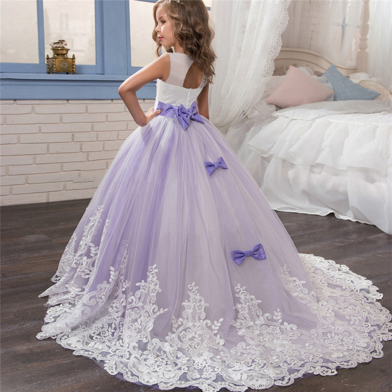 Kids Lace Wedding Dress For Girl Party meshGauze Dresses Sling  bow Flower Princess Children Dress
