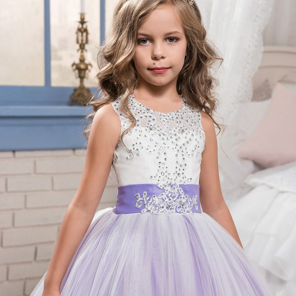 Kids Lace Wedding Dress For Girl Party meshGauze Dresses Sling  bow Flower Princess Children Dress