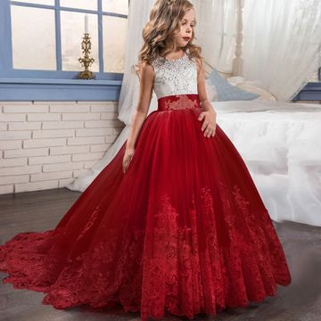 Kids Lace Wedding Dress For Girl Party meshGauze Dresses Sling  bow Flower Princess Children Dress