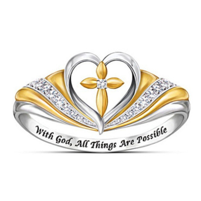 European Fashion Young People Jewelry Fashion flow gold cross Ring with diamond and lettering