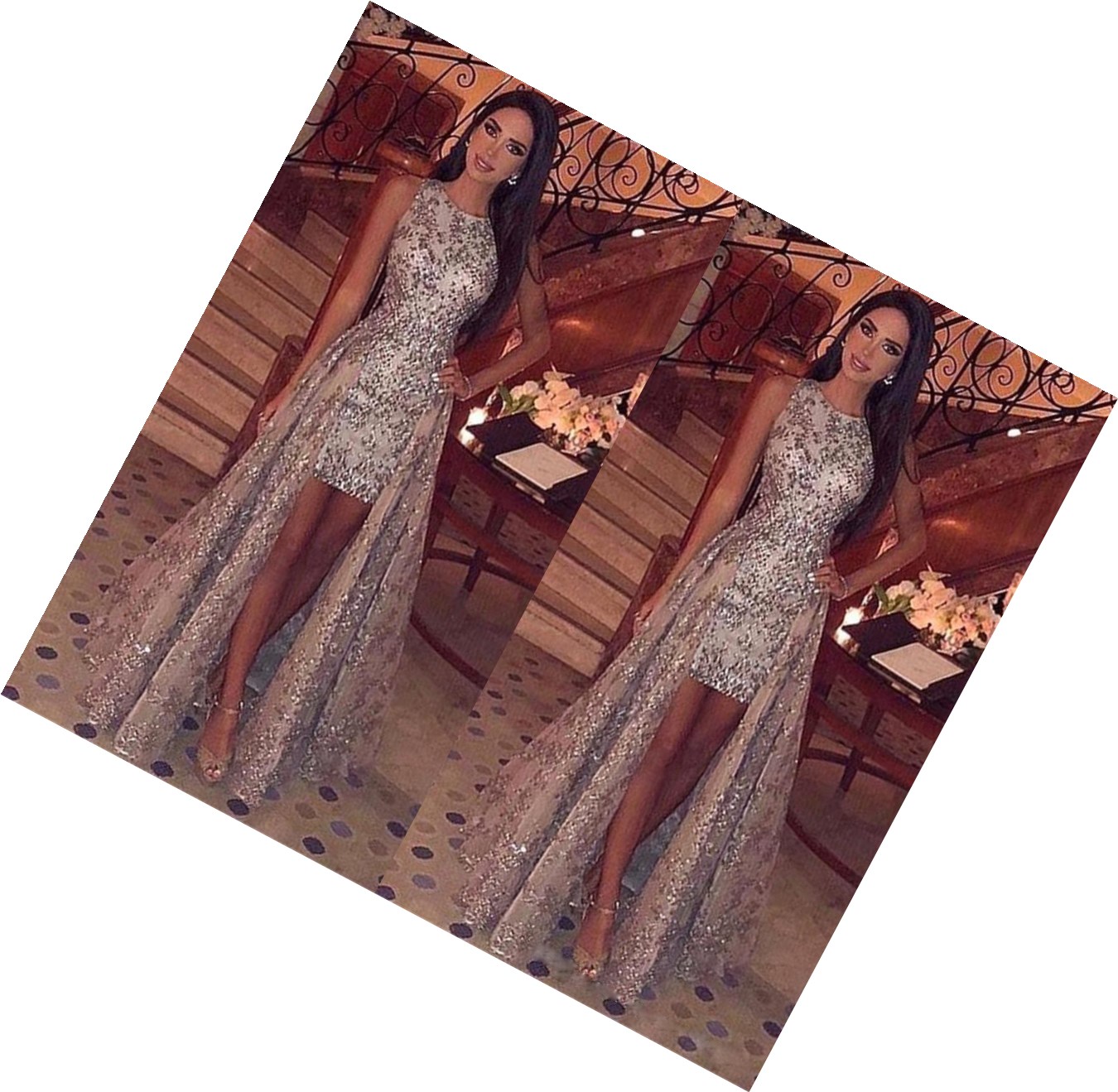 Sexy High Splite Long Evening Dress High V Neck Sequins Dress Lady Concert Party Skirt