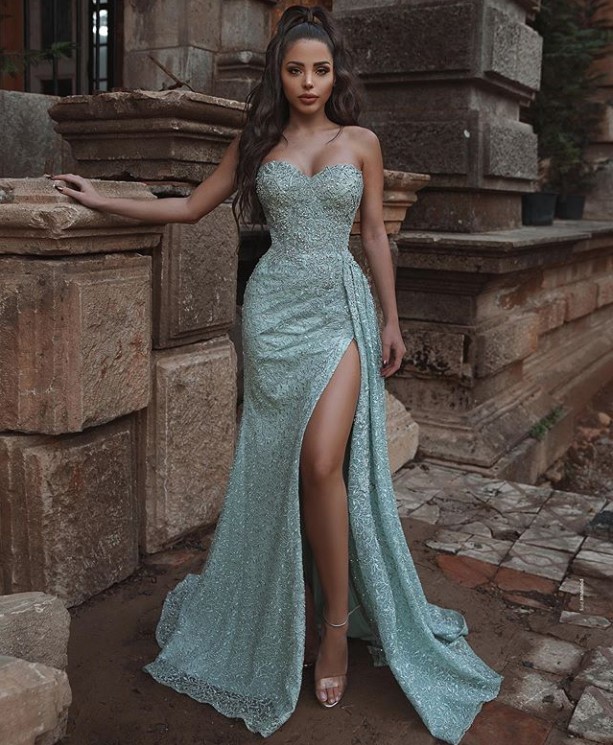 Sexy High Splite Long Evening Dress  Evening dress Lady Offshoulder Wrap Chest Party Dress