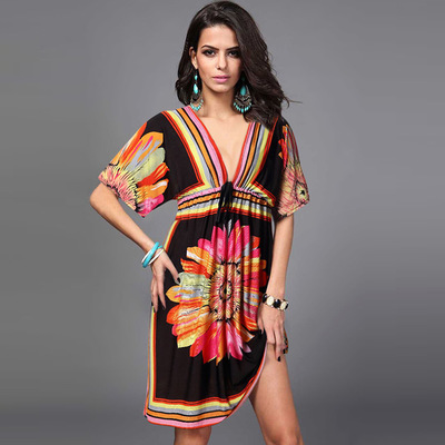 Sexy Personalized Deep V collar dress Milk silk printskirt Lady Concert Dress Party Dress