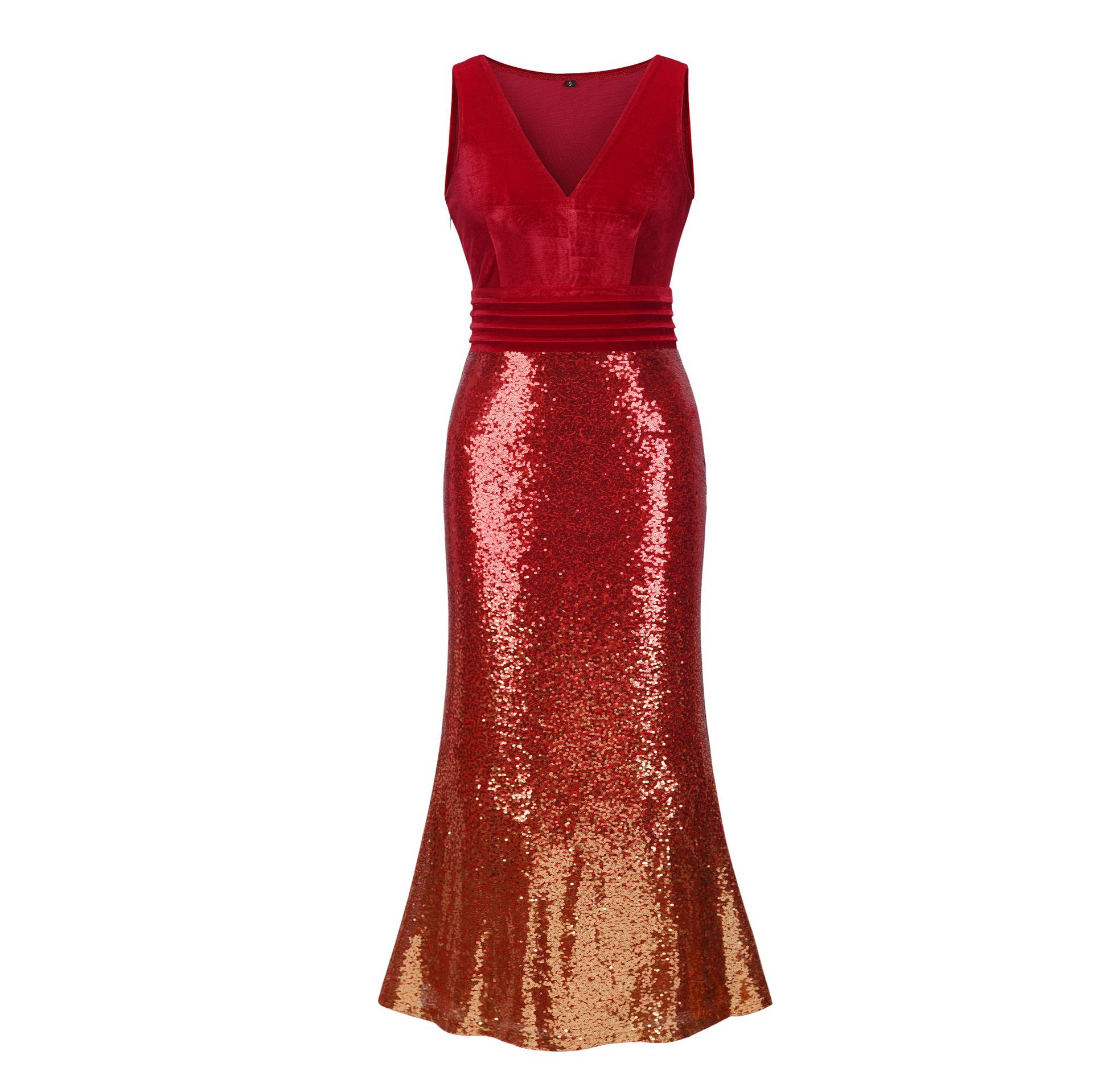 Luxury Slim Fit Evening Dress High V Neck Squins Dress Bridemaid Wedding Dress Party Concert Dress