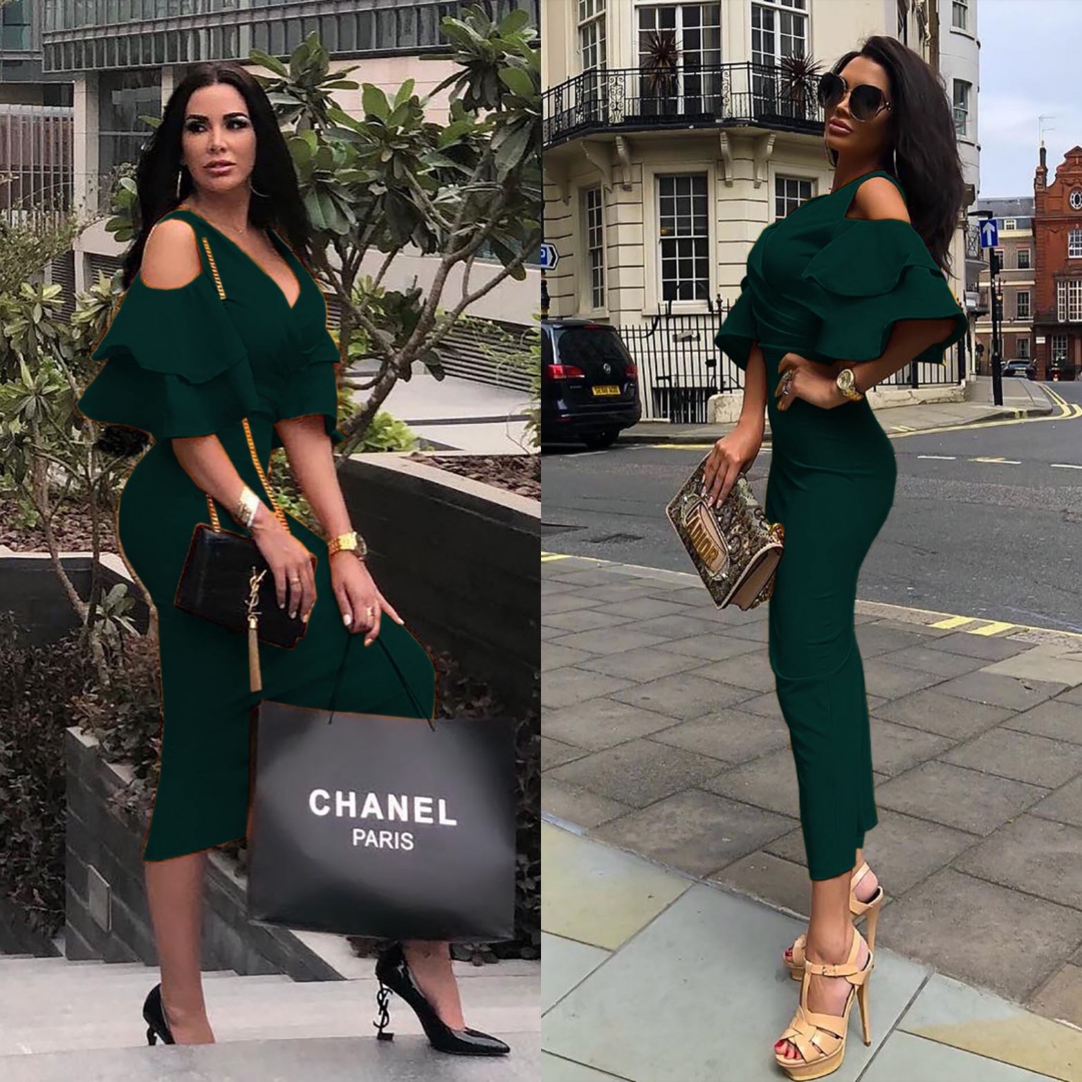 Sexy Deep V collar dress Off shoulder lotus leaf sleeve skirt Lady Concert Dress Party Dress