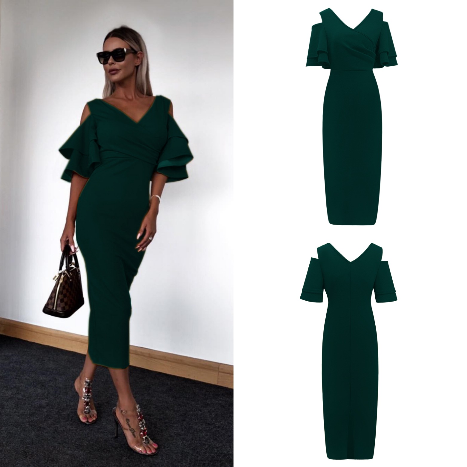 Sexy Deep V collar dress Off shoulder lotus leaf sleeve skirt Lady Concert Dress Party Dress