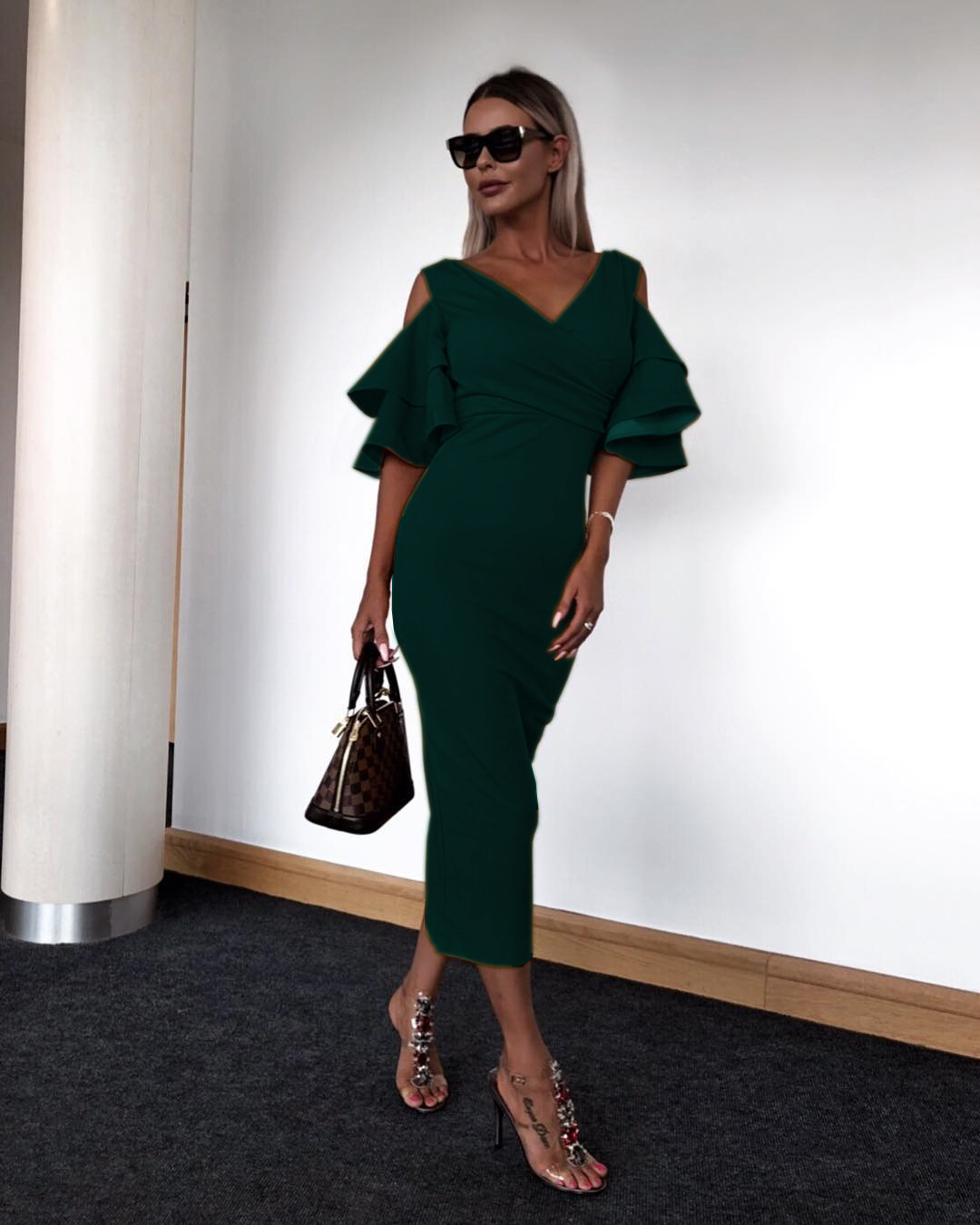 Sexy Deep V collar dress Off shoulder lotus leaf sleeve skirt Lady Concert Dress Party Dress