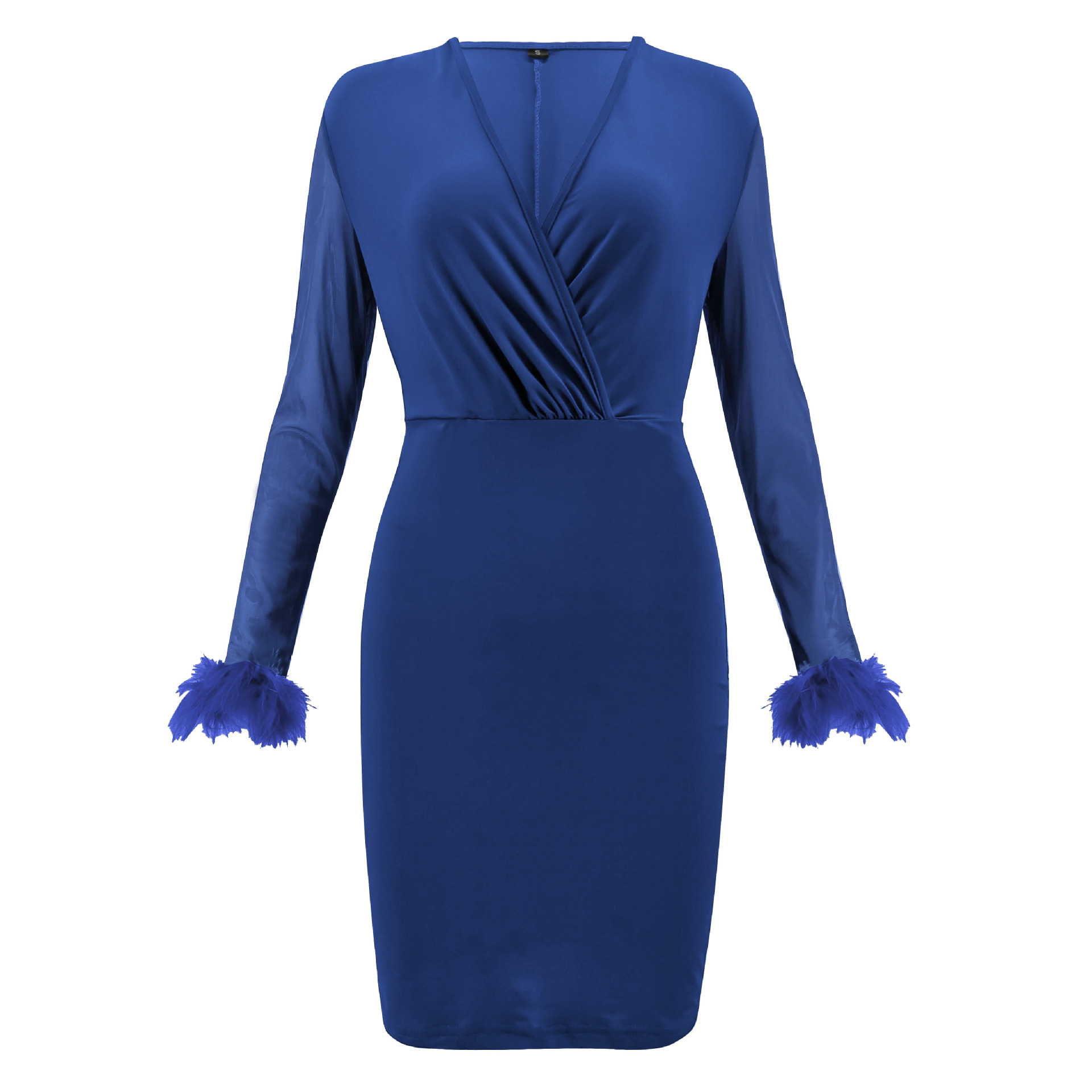 Sexy Personalized Deep V wrapped hip dress Wool sleeve Pure colorDress Party Concert Dress