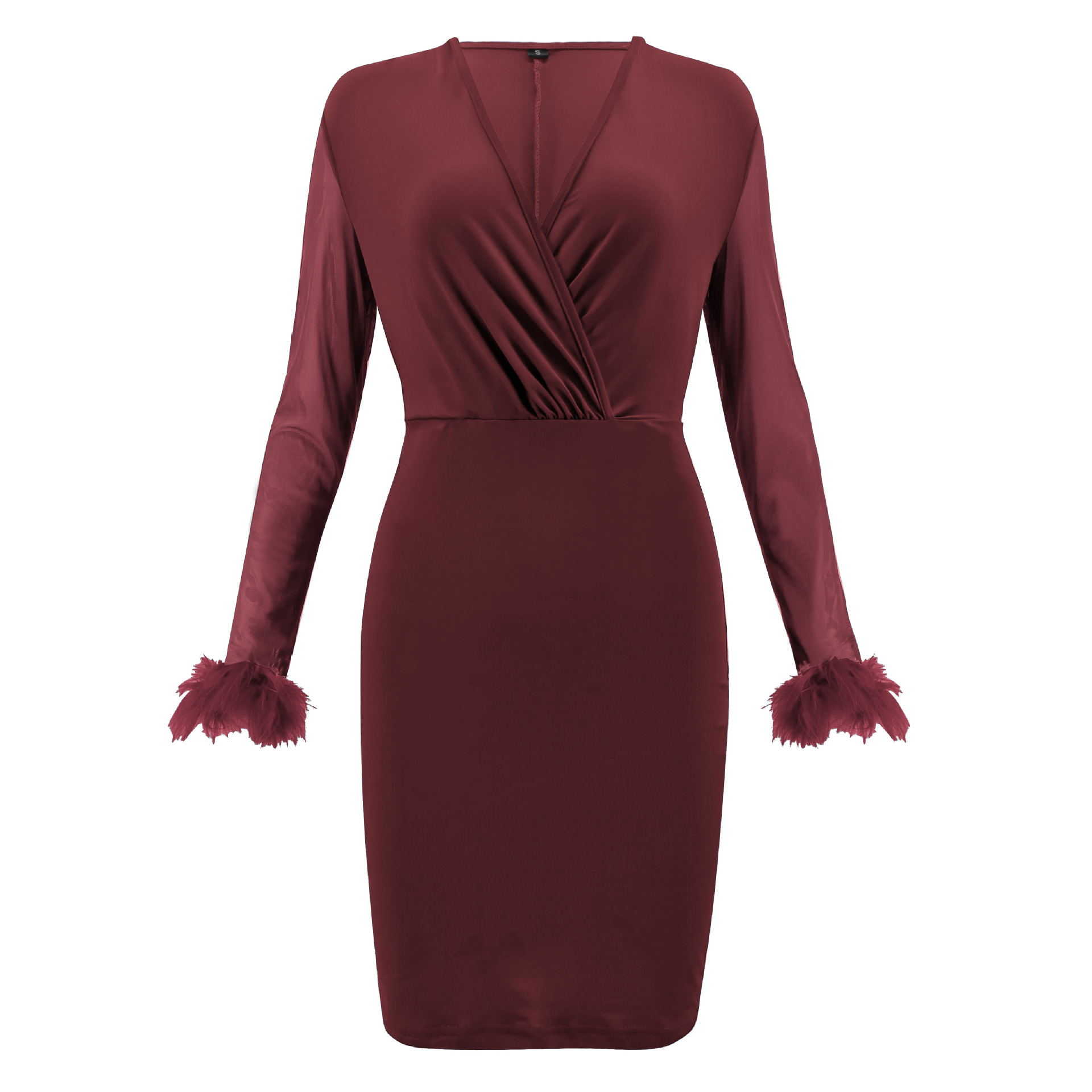 Sexy Personalized Deep V wrapped hip dress Wool sleeve Pure colorDress Party Concert Dress