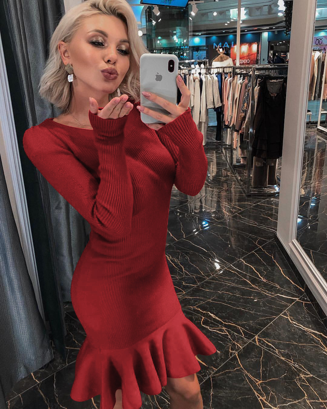 Sexy Personalized Pure color Long sleeve Dress Bottomskirt Ma&apos;am Concert Dress Party Dress