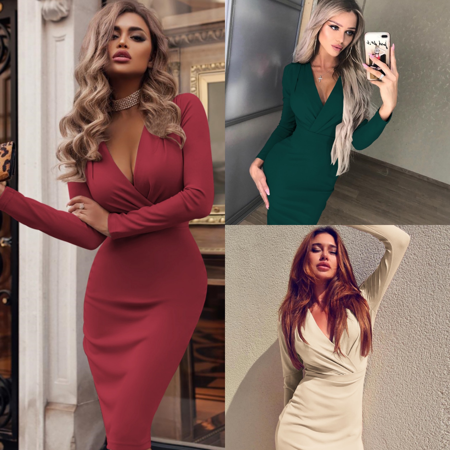 Sexy Personalized Deep V wrapped hip dress Middle-waisted Pure colorDress Party Concert Dress