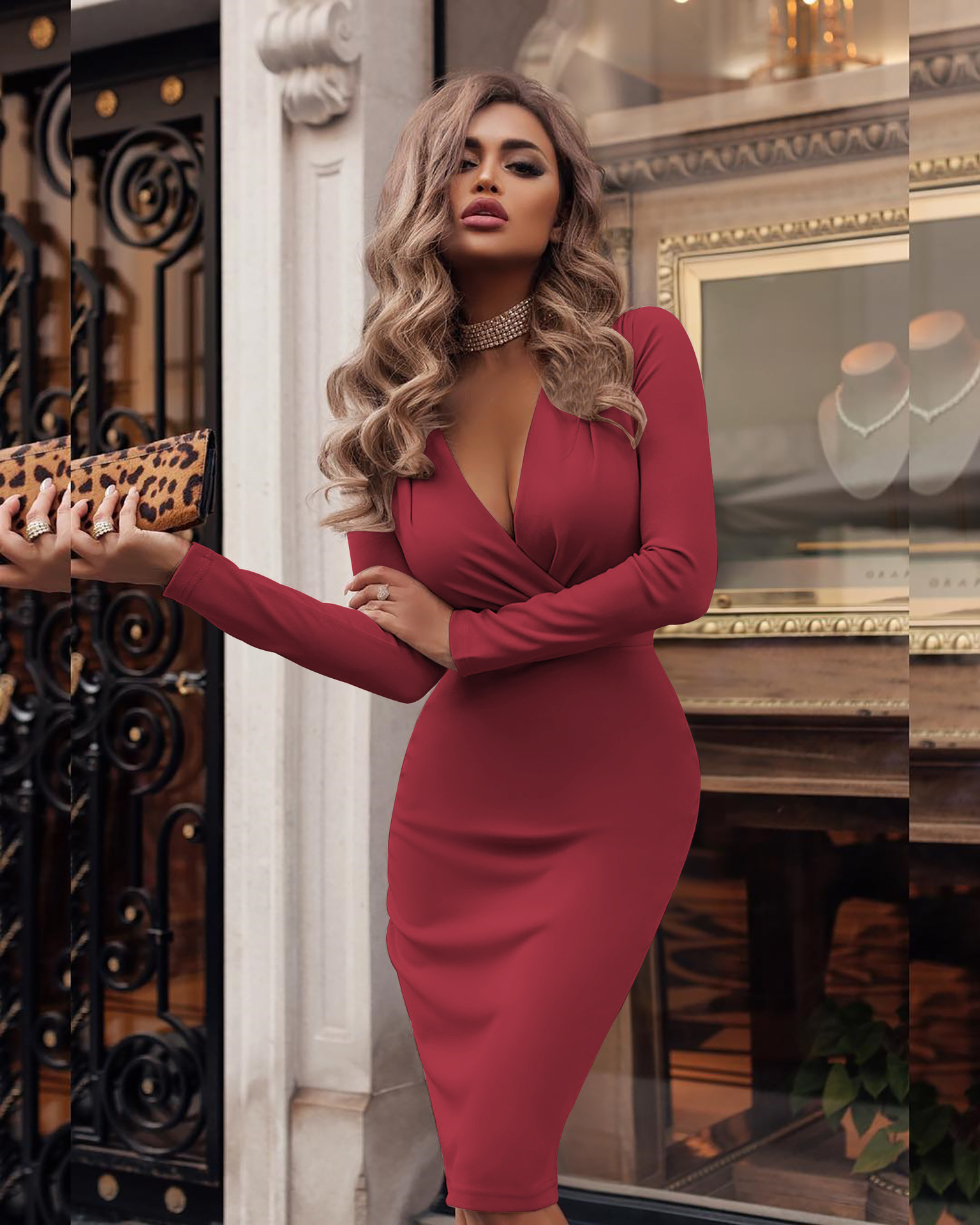 Sexy Personalized Deep V wrapped hip dress Middle-waisted Pure colorDress Party Concert Dress