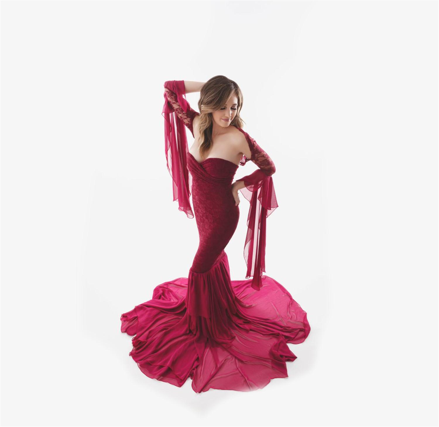 Fashion Chiffon Pregnant Lady Photo Taking Lace Dress Pure Color Maternity Women Loose Tail Skirt