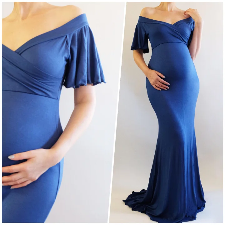 Fashion Mercerized cotton Short sleeve Lace Dress Pure color Skirt Maternity Loose tail Skirt Japanese Cotton Pregnant Women's V-neck Hem Split Tail Dress Photography Dress
