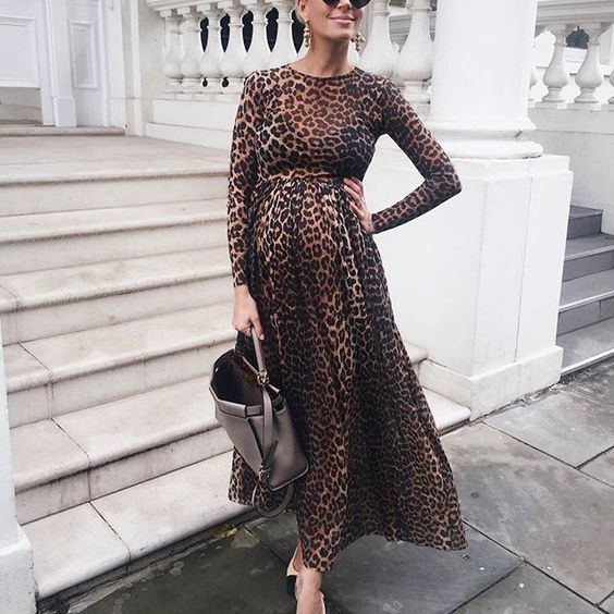 Fashion Cotton Long Sleeve High Waist Pregant Dress Leopard Print Skirt Maternity Loose Tail Skirt