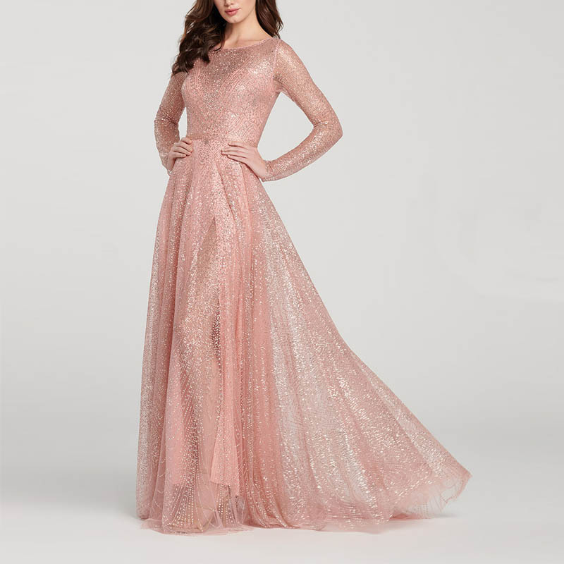 Sexy Round collar Long Dress Bridesmaid Long sleeves dress dress Ma'am Concert Dress Party Dress