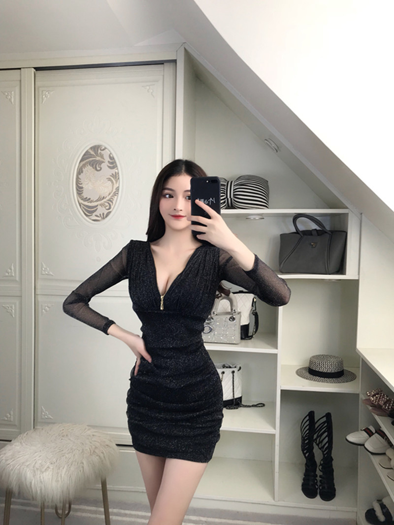 Sexy Deep V Collar Long Sleeves Dress Sexy Cultivate Oneself Skirt Lady Concert Dress Party Dress