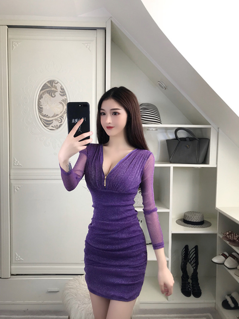 Sexy Deep V Collar Long Sleeves Dress Sexy Cultivate Oneself Skirt Lady Concert Dress Party Dress