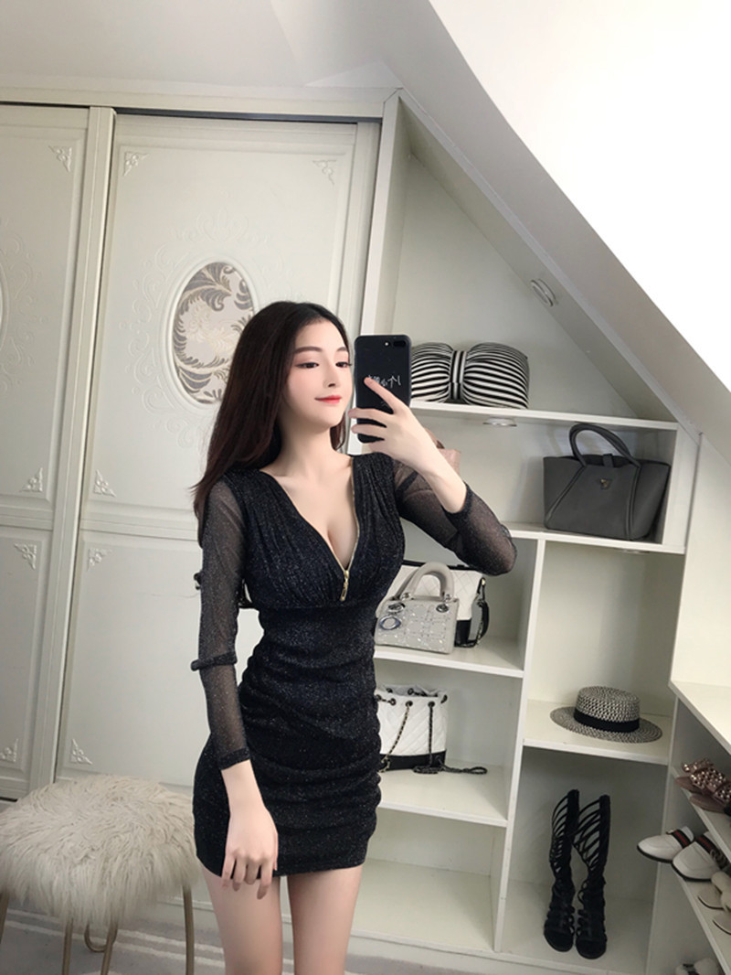 Sexy Deep V Collar Long Sleeves Dress Sexy Cultivate Oneself Skirt Lady Concert Dress Party Dress