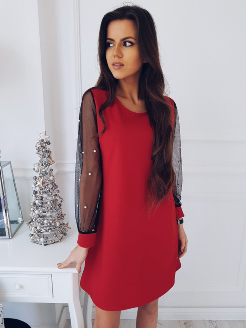 Europe And America Sexy Bubble Sleeve Fit Dress Lady New Pattern Pure Color Round Collar Dress