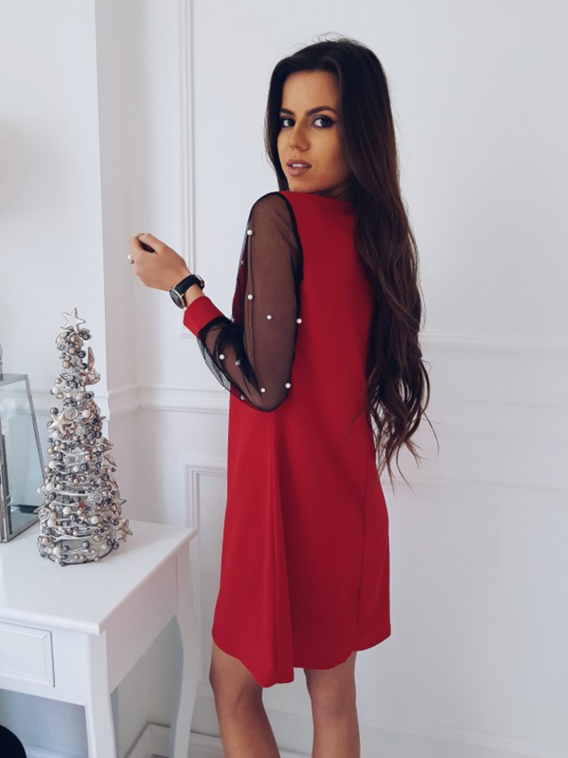 Europe And America Sexy Bubble Sleeve Fit Dress Lady New Pattern Pure Color Round Collar Dress