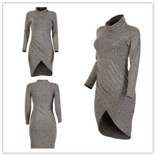 Europe And America Sexy Bandage Skirt Long Sleeve Fit Dress Lady Pure Color Round Collar Dress