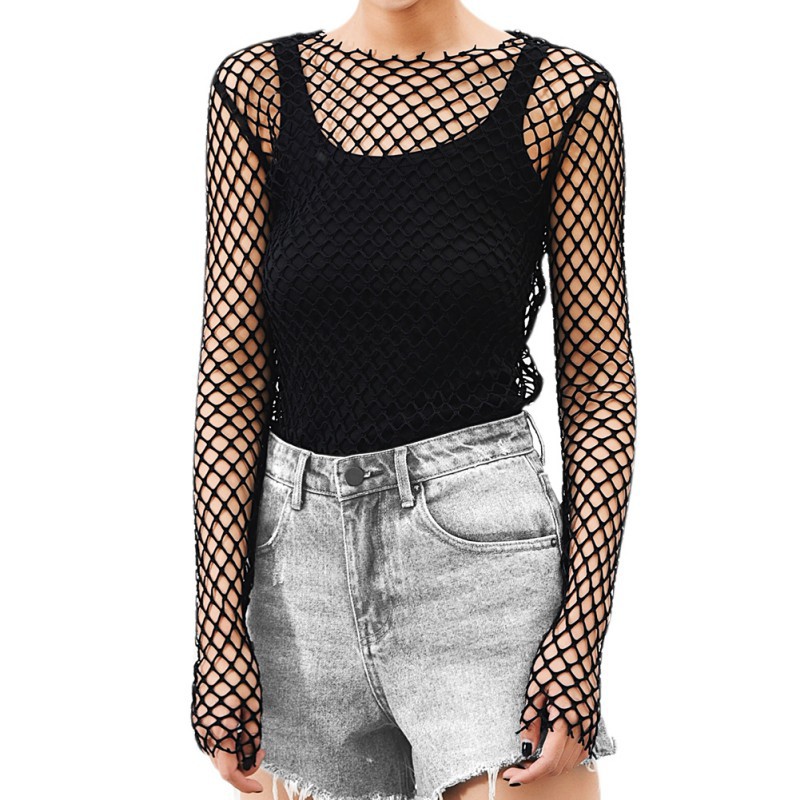 Slim hollow perspective fishing net T-shirt European and American night club sexy big mesh top