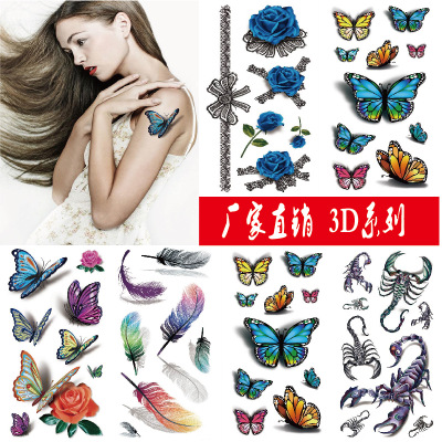 3D Tattoo Paste Rose Butterfly Scorpion Color Print Waterproof Tattoo Sticker Combination