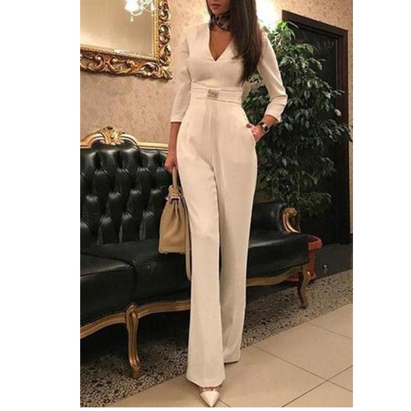 European American Fashion Women's Dress Clothing Popuar High V Neck One-Piece Pnts Office Lady Suit