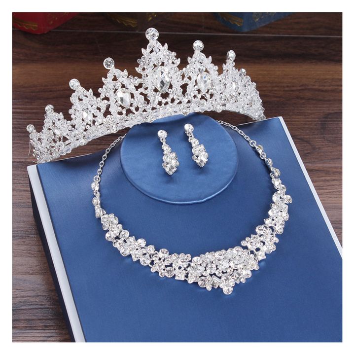 Luxury Crystal Bridal Crown Necklace Earrings Jewelry Sets Fashion Crystal Wedding Three Piece Suit