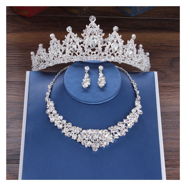 Luxury Crystal Bridal Crown Necklace Earrings Jewelry Sets Fashion Crystal Wedding Three Piece Suit