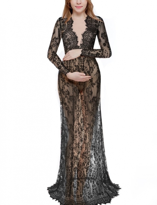 Sexy Pregnant Deep V Phototaking Lady Dress Perspective See Through Maternity Women Wedding Dress
