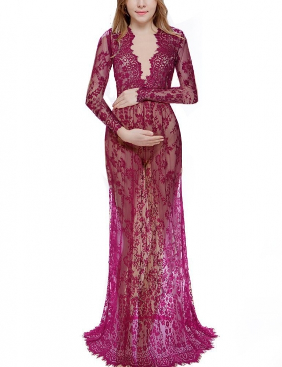 Sexy Pregnant Deep V Phototaking Lady Dress Perspective See Through Maternity Women Wedding Dress