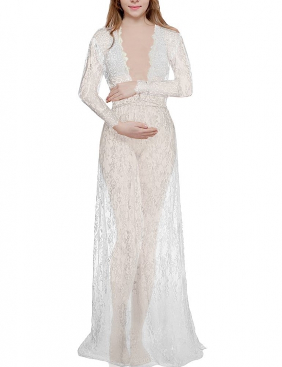 Sexy Pregnant Deep V Phototaking Lady Dress Perspective See Through Maternity Women Wedding Dress