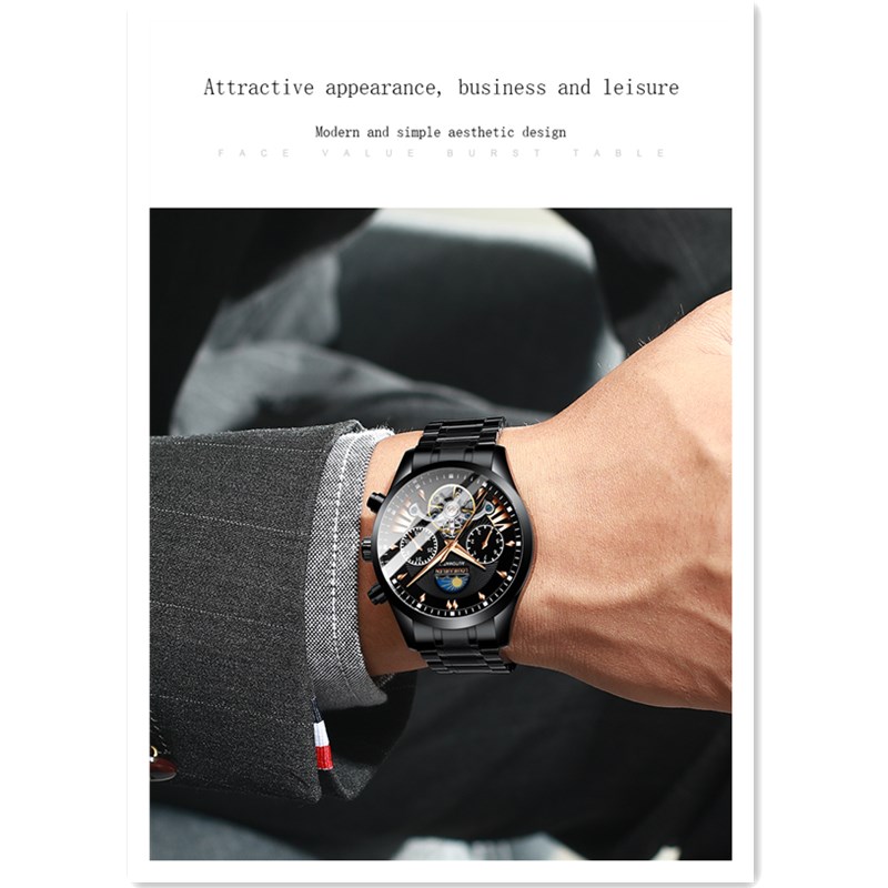 Men's Mechanical Full Automatic Waterproof Watch Luminous  Fine Steel Solid Band Watch