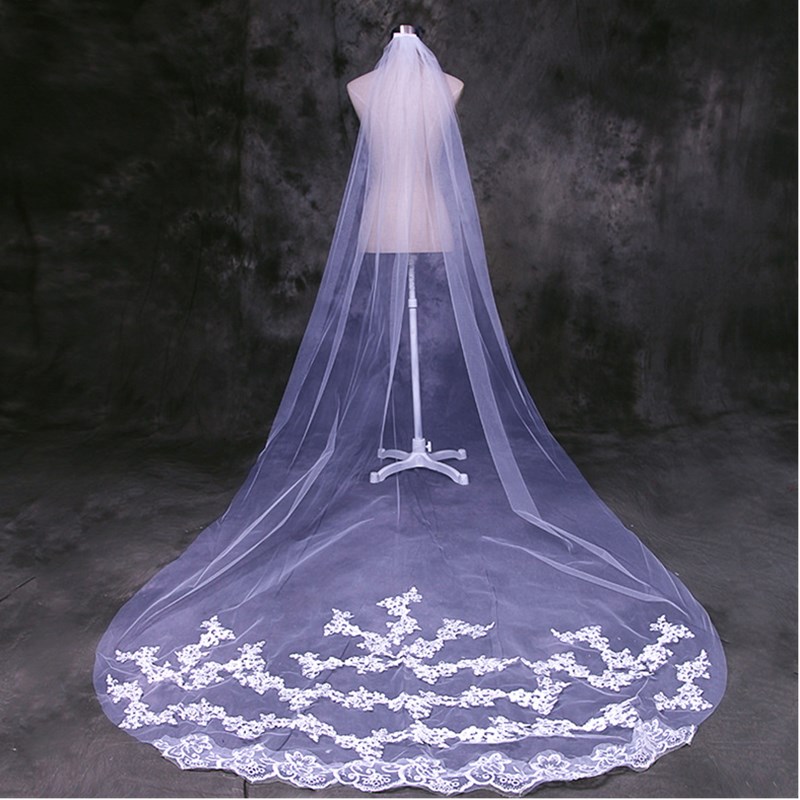 European & American Wedding Party Long Tail Headdress Bridal Embroidered Lace Wedding Veil Photo Taking Hair Dress