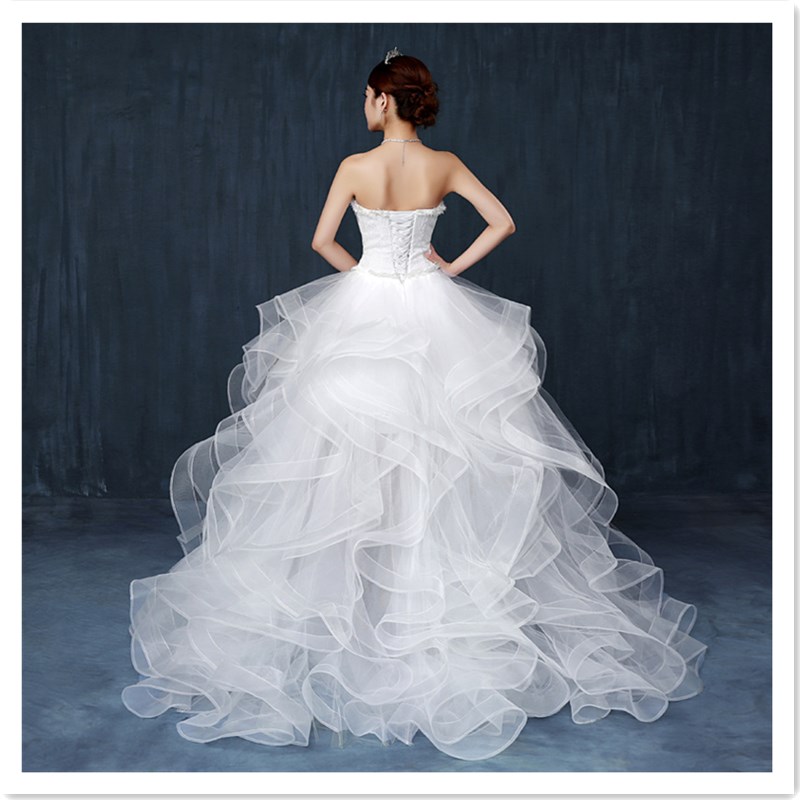 Fashion Korean Style Bridal Slim White Wedding Dress Sweet Neat Ribbon Tie Luxury Princess Dress