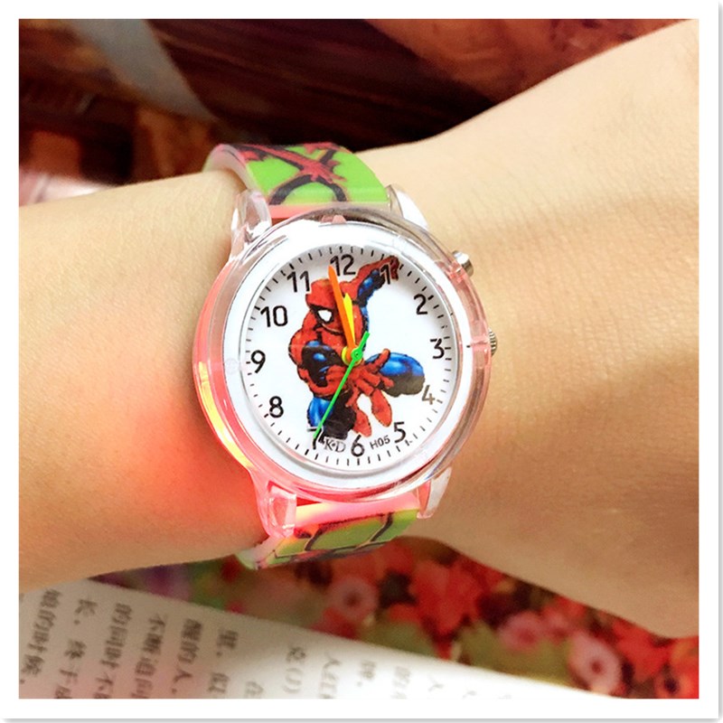 Flashlight Spider Man Cartoon Children&apos;s Watch Color Belt Boy Students Luminous Watch