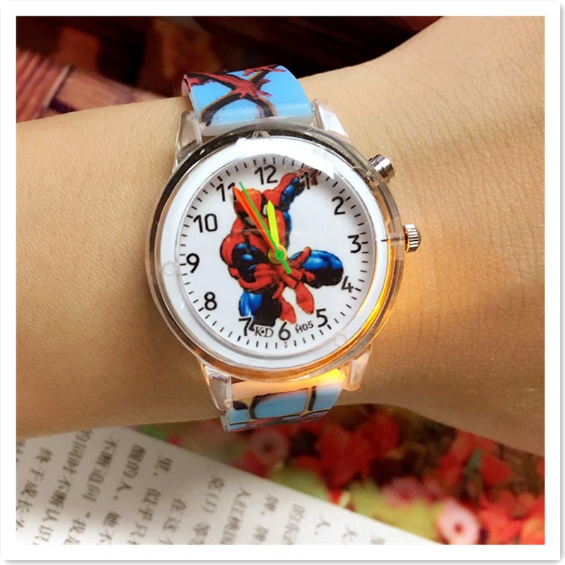 Flashlight Spider Man Cartoon Children&apos;s Watch Color Belt Boy Students Luminous Watch