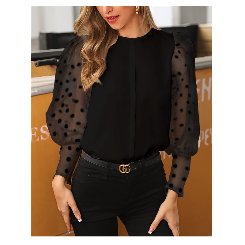 Popular European &amp; American Women's Top Elegant Polka Dot Lace Lantern Sleeve Shirt