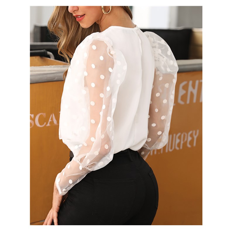 Popular European &amp; American Women's Top Elegant Polka Dot Lace Lantern Sleeve Shirt