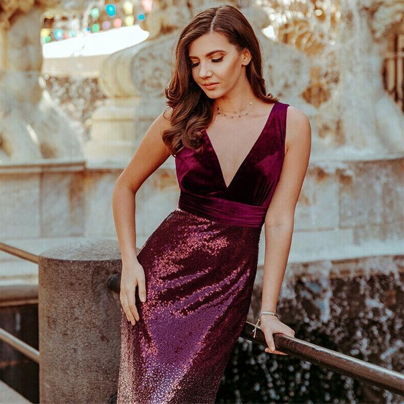2021 New Women's Sexy V-neck Sequins Evening Dress Long Waist Skirt Lady Party Concert Dress